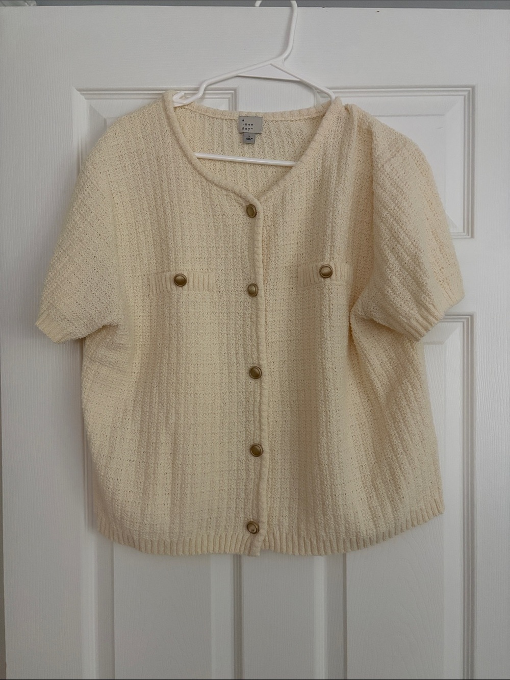 a new day Cream Short-Sleeve Button Front Knit Cardigan